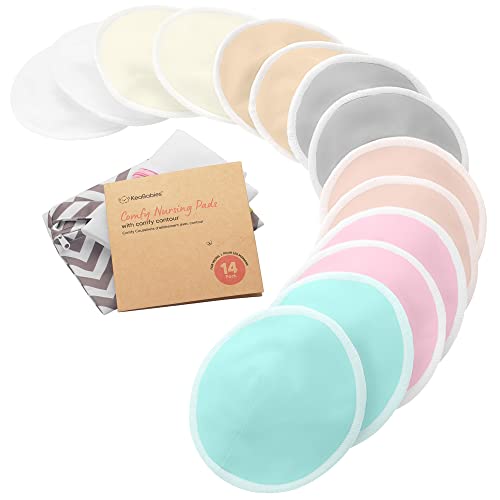 Organic Nursing Pads - 14 Washable Viscose Derived from Bamboo Breastfeeding Pads, Wash Bag, Reusable Breast Pads for Breastfeeding, Nipple Pads for Breastfeeding Essentials(Pastel Touch, L 4.8