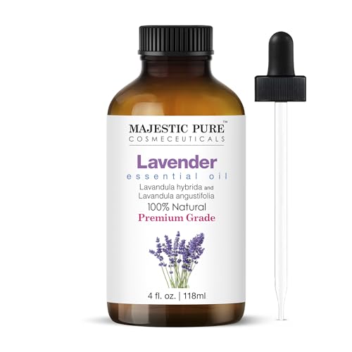 MAJESTIC PURE Lavender Essential Oil with Glass Dropper | 100% Pure and Natural Lavender Oil | Premium Grade Essential Oils for Diffusers, Skin, Aromatherapy, Massage | 4 Fl Oz