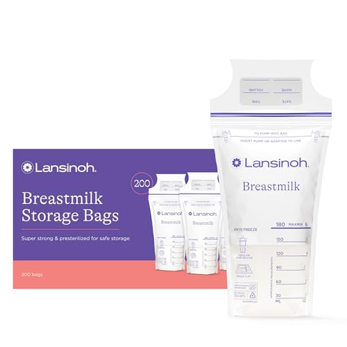 Lansinoh Breastmilk Storage Bags, 200 Count Value Pack, Easy to Use Breast Milk Storage Bags for Feeding, Baby Essentials, Presterilized, Hygienically Doubled-Sealed for Freezing & Refrigeration, 6 OZ