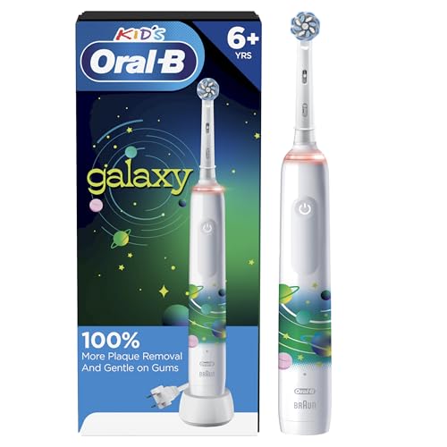 Oral-B Kids Electric Toothbrush with Coaching Pressure Sensor and Timer, Rechargeable Toothbrush with Brush Heads, Galaxy