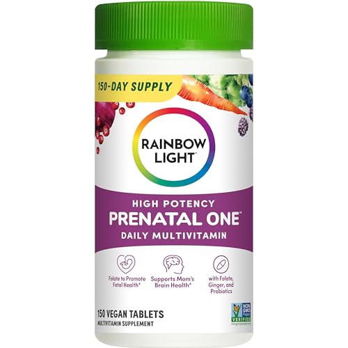 Rainbow Light Prenatal One High Potency Daily Multivitamin with Folate, Ginger and Probiotics; Supports Mom and Baby from Conception to Nursing; Vegan, 150 Tablets,* Pack May Vary