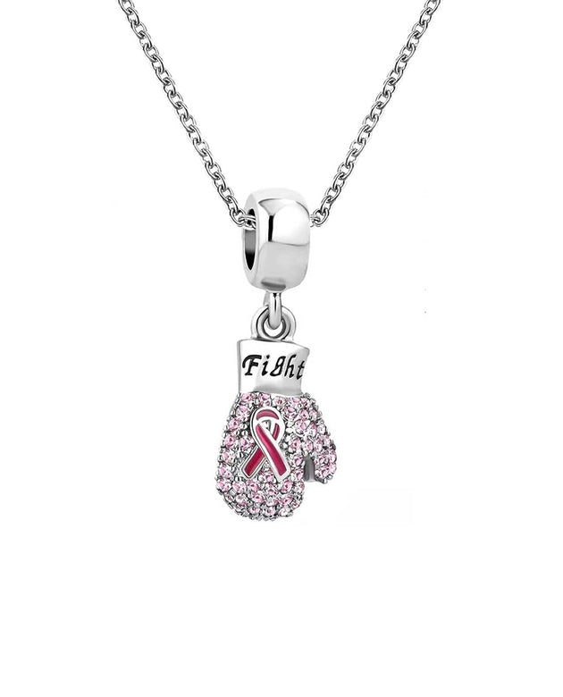 KunBead Boxing Glove Fight Breast Cancer Awareness Pink Ribbon Crystal Charm 18 inch Pendant Necklace for Women