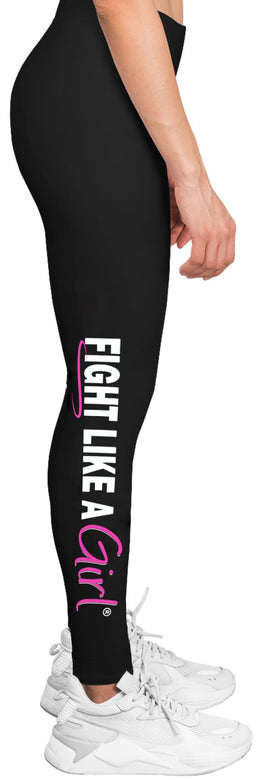 Fight Like a Girl Yoga Pants Exercise Leggings Feminism Breast Cancer Women's Empowerment Motivational Black w/Pink [M]