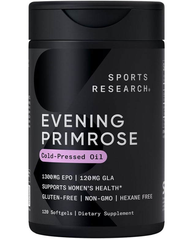 Sports Research Evening Primrose Supplement from Cold Pressed Oil - Softgels for Women’s Health & Skin Health - Gluten Free & Non-GMO GLA - High Potency 1300mg, 120 Count