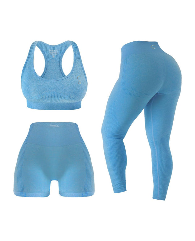 SereneFit 3 Piece Workout Sets For Women Seamless High Waisted Matching Exercise Leggings Shorts and Sports Bra Active Set (Sky Blue, Medium)