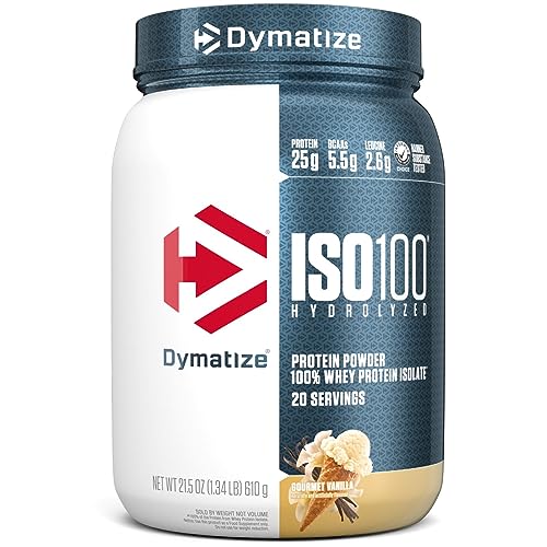 Dymatize ISO100 Hydrolyzed Protein Powder, 100% Whey Isolate, 25g of Protein, 5.5g BCAAs, Gluten Free, Fast Absorbing, Easy Digesting, Gourmet Vanilla, 20 Servings