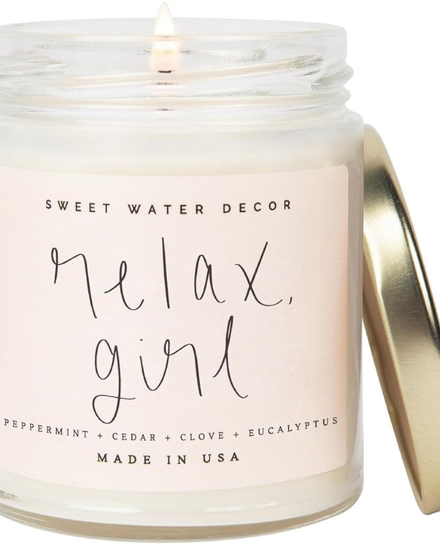 Sweet Water Decor, Relax Girl, Peppermint, Cedar, Clove, and Eucalyptus Scented Soy Wax Candle for Home | 9oz Clear Jar, 40 Hour Burn Time, Made in the USA