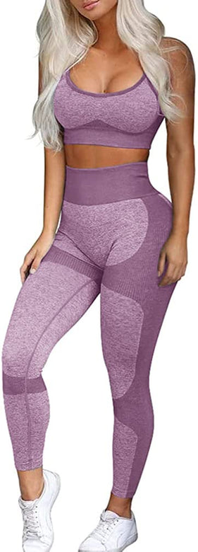 OLCHEE Women’s Workout Sets 2 Piece - Seamless Yoga Leggings and Cross-Strap Sports Bra Gym Outfits Activewear Matching Set - Purple Large