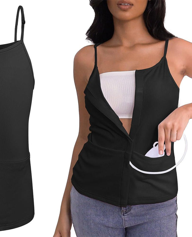 Post Mastectomy Shirts with Drain Pockets Breast Surgery Mastectomy Camisole Top with Hook and Loop Closure Black 2XL