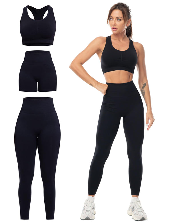 SALSPOR 3 Piece Workout Sets for Women Butt Lifting Leggings with High Impact Sports Bra Gym Shorts Activewear Matching Set(3DWX-Black-XL)