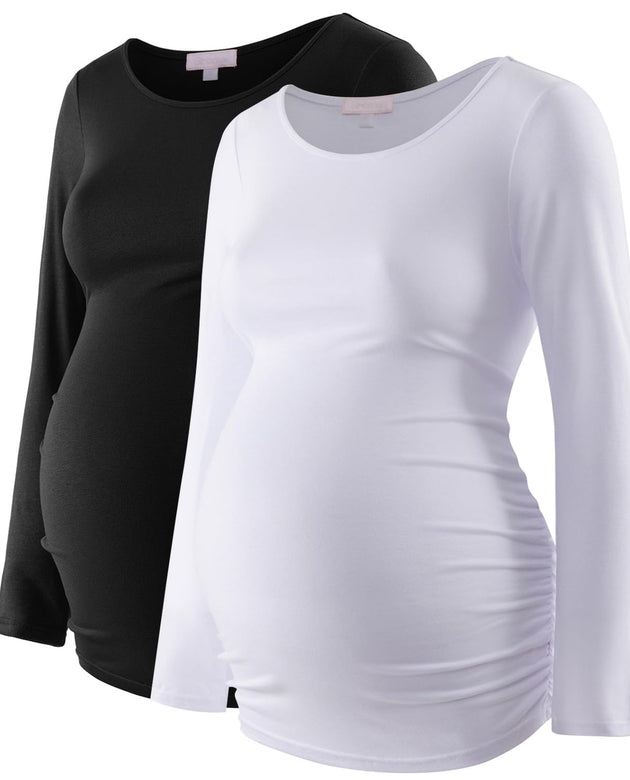 Bhome Maternity Shirt Long Sleeve Basic Top Ruch Sides Bodycon Tshirt for Pregnant Women Black/White M