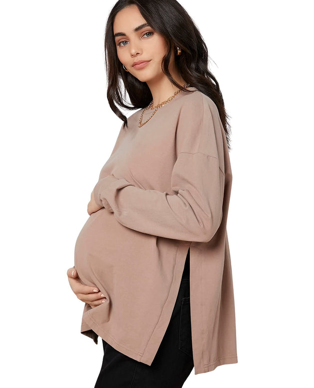 MakeMeChic Women's Maternity T-Shirt Long Sleeve Split Side Pregnancy Tee Tops Apricot S