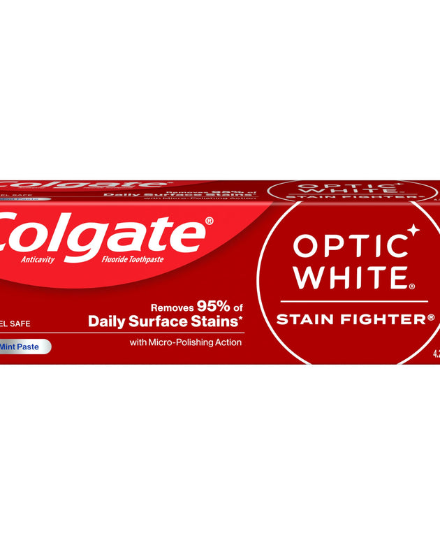 Colgate Optic White Stain Fighter Whitening Toothpaste, Clean Mint Flavor, Safely Removes Surface Stains, Enamel-Safe for Daily Use, Teeth Whitening Toothpaste with Fluoride, 4.2 Oz Tube