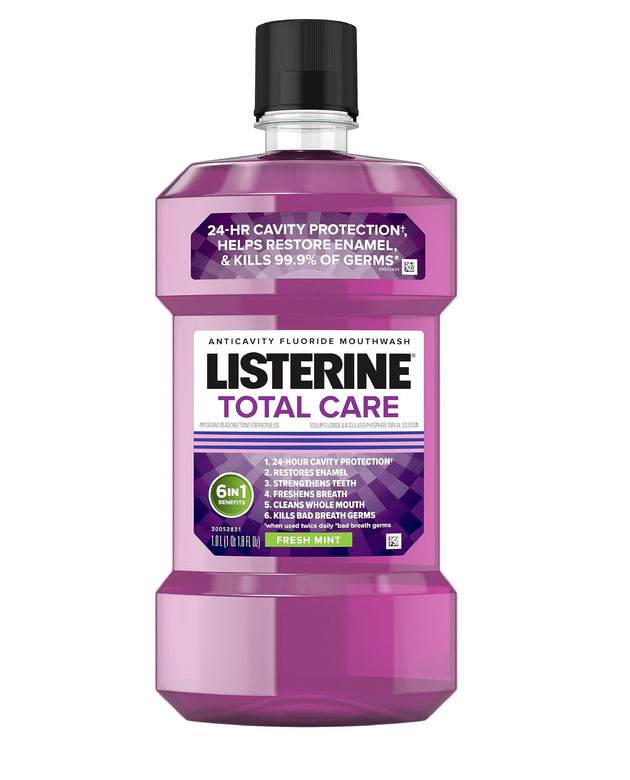 Listerine Total Care Anticavity Fluoride Mouthwash, 6 Benefits in 1 Oral Rinse Helps Kill 99% of Bad Breath Germs, Prevents Cavities, Strengthens Teeth, ADA-Accepted, Fresh Mint, 1 L