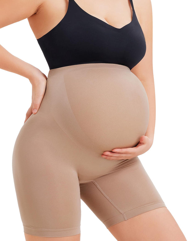 LANCS Seamless Maternity Shapewear High Waist Maternity Shorts Pregnancy Underwear Over Bump Belly Support Beige