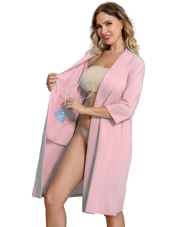 Mastectomy Robe with 4 Drain Pockets for Womens Hospital Night Gown Post Surgery Recovery 3/4 Sleeves Dress Breast Cancer Patient Sleepwear Pajama Shirts