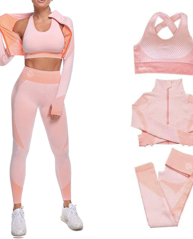 CORPOAMOR Women's Ribbed Seamless Fitness Clothing, Gym Outfit and Yoga Workout Set Jacket, Sports Bra and High Waisted Leggings 3 Piece Set (Pink, Medium)