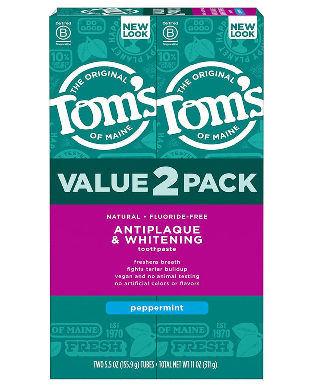 Tom's of Maine Fluoride-Free Antiplaque & Whitening Natural Toothpaste, Peppermint, 5.5 oz. (Pack of 2)