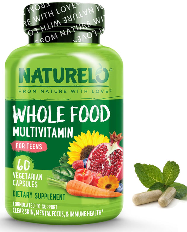 NATURELO Whole Food Multivitamin for Teens - Vitamins and Minerals for Teenage Boys and Girls - Supplement for Active Kids - with Organic Whole Foods - Non-GMO - Vegan & Vegetarian - 60 Capsules