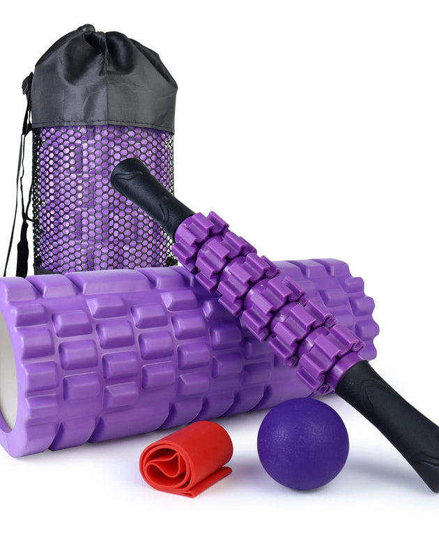 JOYENERGY 5 in 1 Foam Roller Set Trigger Point Foam Roller Patented, Massage Roller Stick, Massage Ball, Stretching Strap for Deep Muscle Massage Pilates Yoga, Fitness Exercise for Whole Body (Purple)