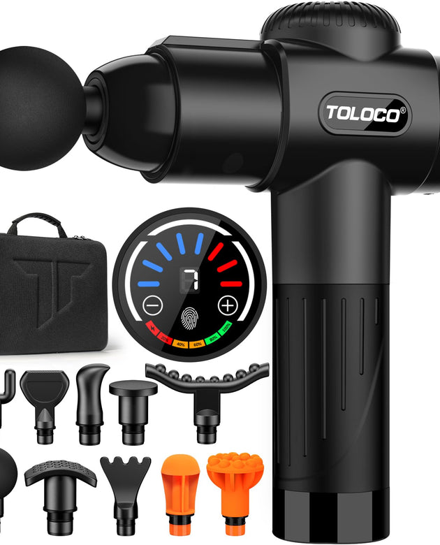 TOLOCO Massage Gun, Deep Tissue Back Massage for Athletes for Pain Relief, Percussion Massager with 10 Massages Heads & Silent Brushless Motor, Black