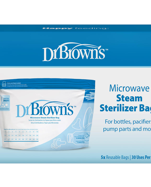 Dr. Brown's Microwave Steam Sterilizer Bags for Baby Bottles, Pacifiers, Pump Parts and Accessories, Travel Baby Bottle Sterilizer, 30 Uses per Bag, 5 Count (Pack of 1)