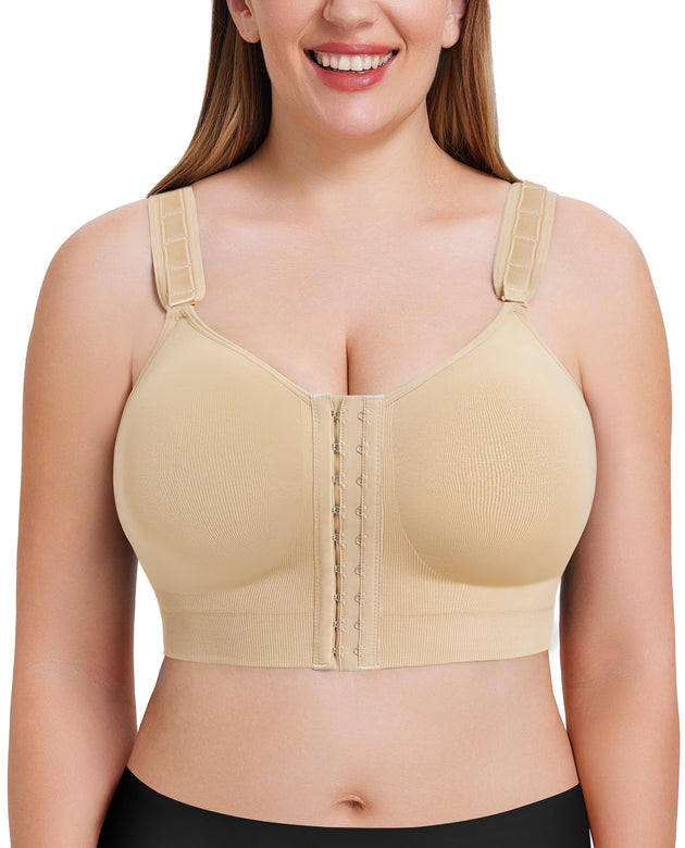 IHHCOXK Mastectomy Post Surgery Bra Front Closure Bras for Women Compression Wireless Everyday Bra with Adjustable Strap Beige