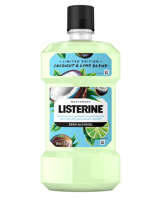 Listerine Zero Alcohol Mouthwash, Oral Rinse Kills up to 99% of Bad Breath Germs, Limited Edition Coconut Lime Flavor, 500 mL