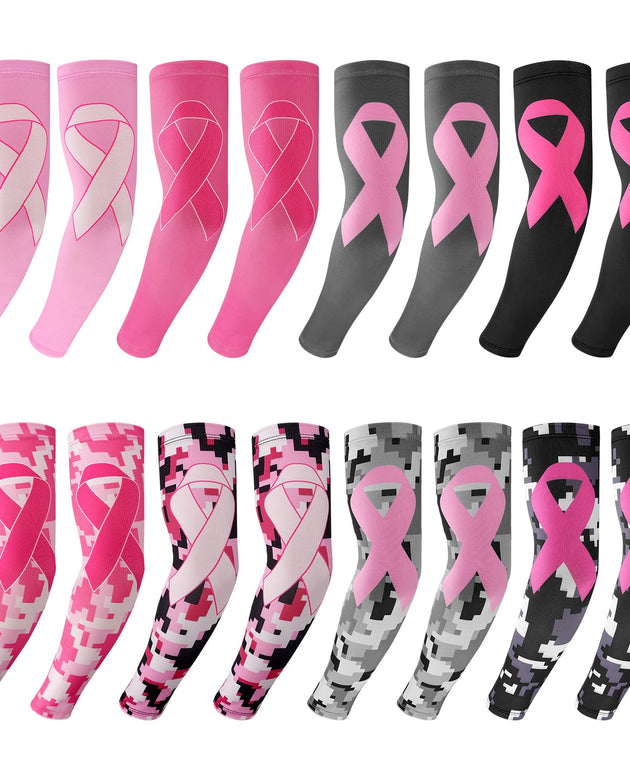 8 Pairs Breast Cancer Awareness Sleeves - Sports Compression Arm Sleeves with Ribbon, UV Protection Youth Men Women Adults for Basketball Football Baseball Volleyball Running - M