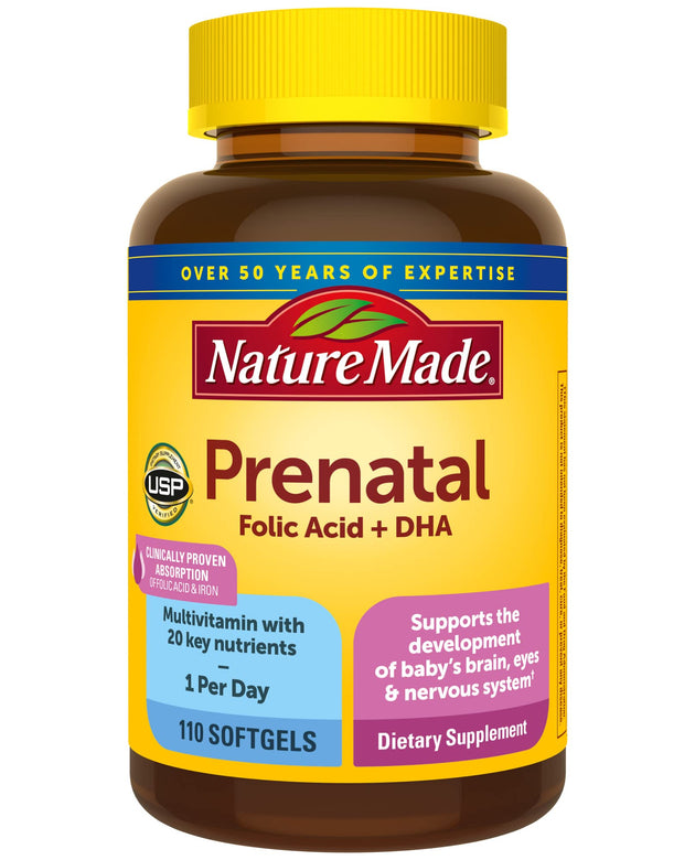 Nature Made Prenatal with Folic Acid + DHA, Prenatal Vitamin and Mineral Supplement for Daily Nutritional Support, 110 Softgels, 110 Day Supply