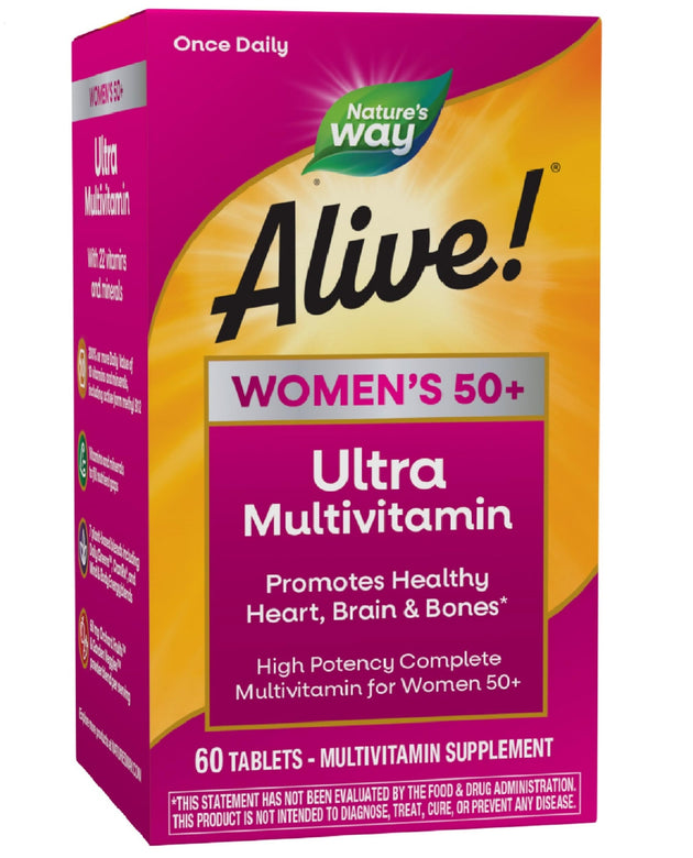 Nature’s Way Alive! Women’s 50+ Ultra Potency Complete Multivitamin, High Potency Formula, Promotes Healthy Heart, Brain, Bones*, with Methylated B12, Gluten-Free, 60 Tablets (Packaging May Vary)