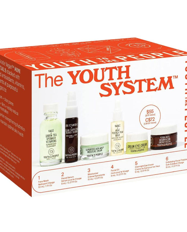 Youth To The People The Youth System - 6 Piece Set with Superfood Cleanser, Face Oil, Moisturizer, Vitamin C Serum, Eye Cream, Energy Facial - Vegan Skincare Kit