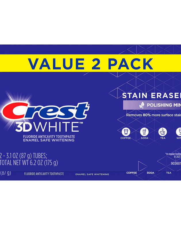 Crest 3D White Stain Eraser Teeth Whitening Toothpaste, Polishing Mint, 3.1 oz, Pack of 2