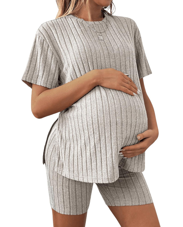 MakeMeChic Women's Maternity Pajamas 2 Piece Lounge Set Ribbed Knit T Shirt Biker Shorts Sleepwear Tracksuit Khaki Medium