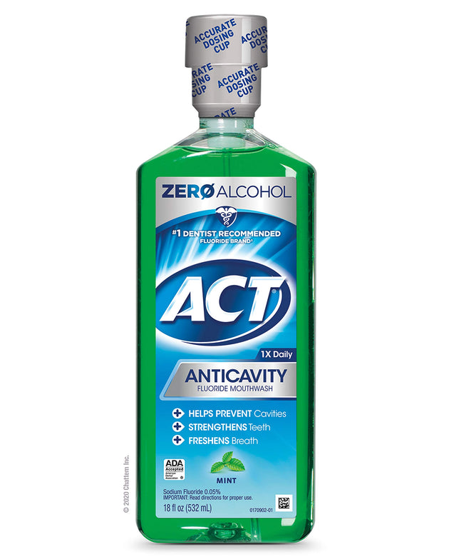 ACT Anticavity Zero Alcohol Fluoride Mouthwash 18 fl. oz., With Accurate Dosing Cup, Mint