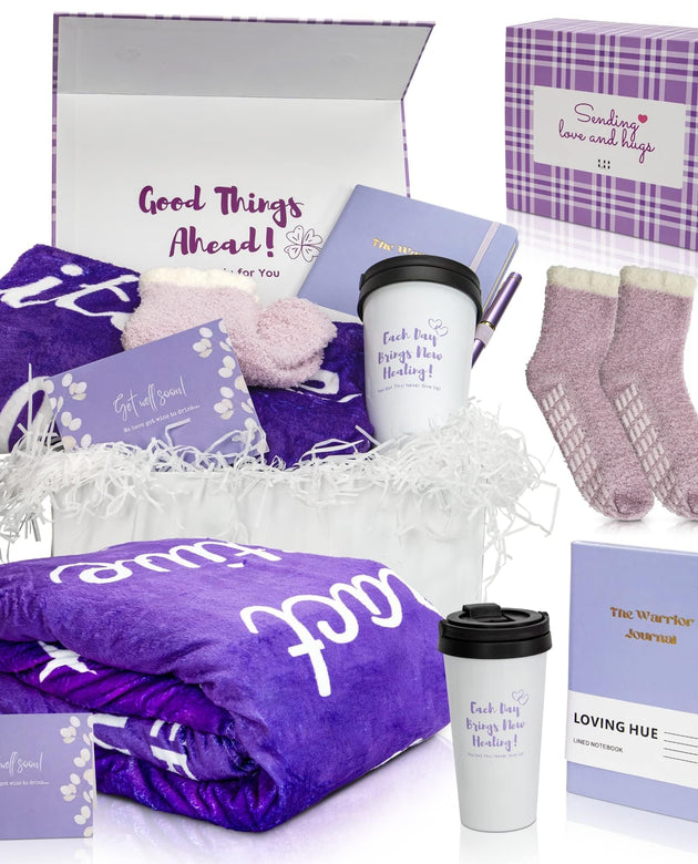 Loving Hue Chemo Care Package for Women, Cancer Care Packages for Women Purple, Gifts for Cancer Patients, Get Well Soon Gift Basket Includes Travel Mug, Healing Blanket 47”x71”