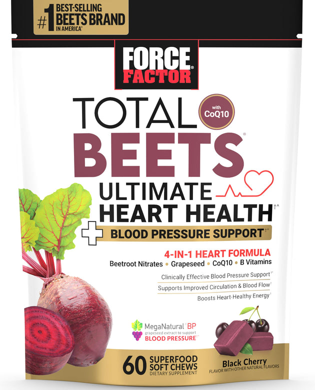 Force Factor Total Beets Ultimate Heart Health Blood Pressure Support Chews with CoQ10, Beet Root Powder, Grape Seed Extract, Blood Pressure Supplement for Circulation & Blood Flow, 60 Soft Chews