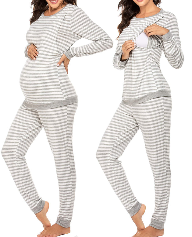 Ekouaer Nursing Pajama Set Striped Long Sleeve Maternity Sleepwear Labor Pjs Breastfeeding Thermal Underwear Clothes Light Gray Stripe Small