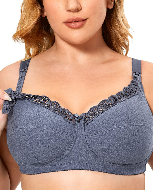 Gratlin Women's Plus Size Cotton Nursing Bra Support Wireless Breastfeeding Maternity Bras Blue Marl 34J