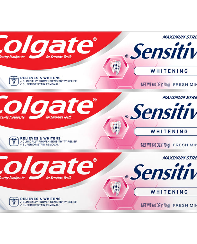 Colgate Whitening Toothpaste for Sensitive Teeth, Enamel Repair and Cavity Protection, Fresh Mint Gel, 6 Oz (Pack of 3)