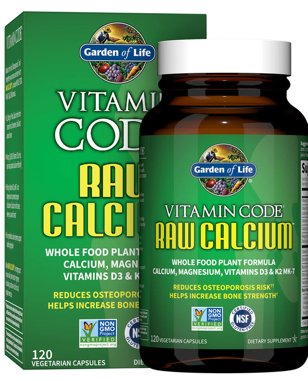 Garden of Life Raw Calcium Supplement for Women and Men - Vitamin Code Made from Whole Foods with Magnesium, K2, Vitamin D3 and Vitamin C, for Bone Strength, Probiotics for Digestion, 120 Capsules