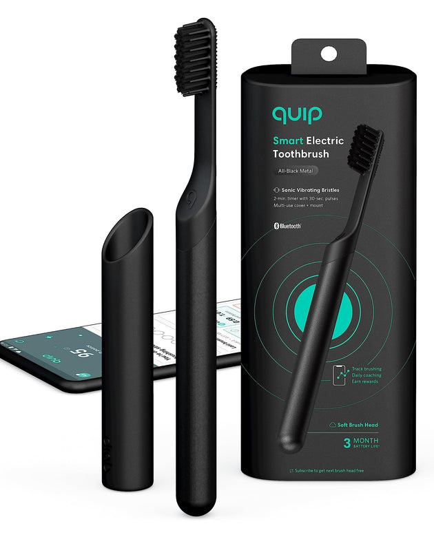 Quip Smart Sonic Toothbrush for Adults - Timed Electric Toothbrush with Bluetooth & Rewards App - Replaceable Brush Head, Soft Bristles, Metal Handle, 3 Month Battery Life - Travel Brush - All-Black