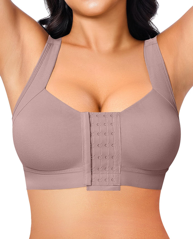 BRABIC Front Closure Post Surgery Compression Bras for Women Mastectomy Bra with Adjustable Straps Wirefree Bra Purple Brown