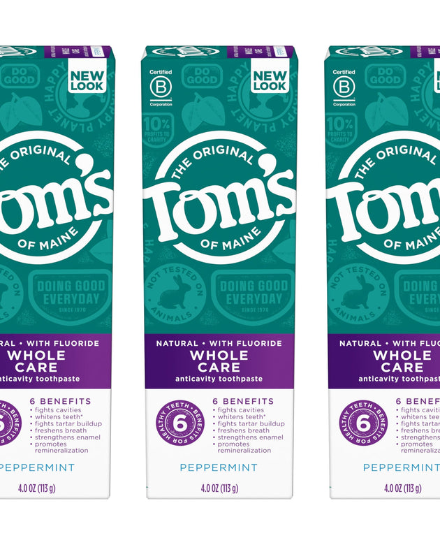 Tom's of Maine Whole Care Natural Toothpaste with Fluoride, Peppermint, 4 oz. 3-Pack (Packaging May Vary)