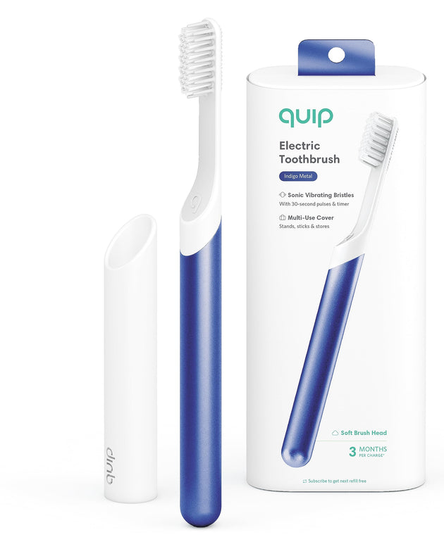 Quip Sonic Toothbrush for Adults - Timed Electric Toothbrush with Cover - Replaceable Brush Head, Soft Bristles, Metal Handle, 3 Month Battery Life - Travel Toothbrush - Indigo