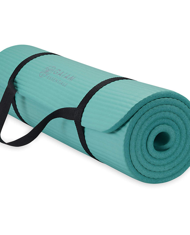 Gaiam Essentials Thick Yoga Mat Fitness & Exercise Mat With Easy-Cinch Carrier Strap, Teal, 72