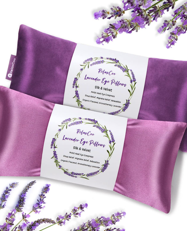 RelaxCoo Lavender Eye Pillow for Relaxation, Yoga, Sleeping, Weighted Eye Mask Heated for Headache, Sinus, Dry Eyes Relief, Moist Heat Eye Compress, Meditation Accessories with Aromatherapy, Pack of 2