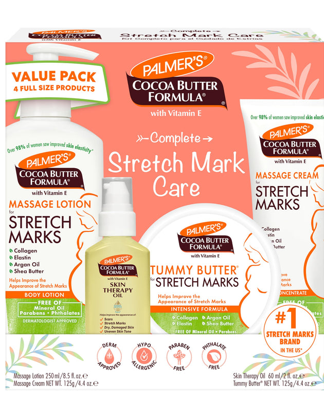 Palmer's Cocoa Butter Formula Pregnancy Skin Care Kit for Stretch Marks and Scars, Dermatologist Approved, Gift for Mom to Be, 4 Piece Full Size Set