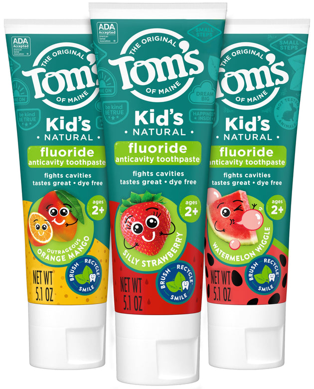 Tom’s of Maine Anticavity Kids Natural Toothpaste Variety Pack, Strawberry, Orange Mango, Watermelon Flavors, Kids Toothpaste with Fluoride, Safe for Ages 2 and Up, 5.1 oz (Pack of 3)