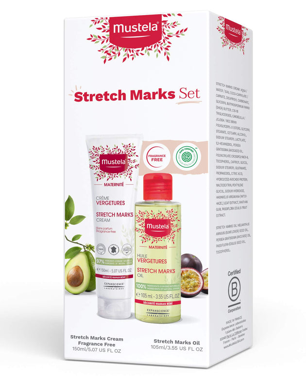 Mustela Maternity Stretch Marks Set - Natural Pregnancy Skincare - Contains Stretch Marks Cream & Belly Oil - EWG Verified & Fragrance-Free - 2 Items Set